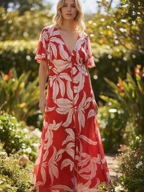 Parker  Red And Ivory  Color Botanical Flutter Sleeve Maxi Dress .    XL